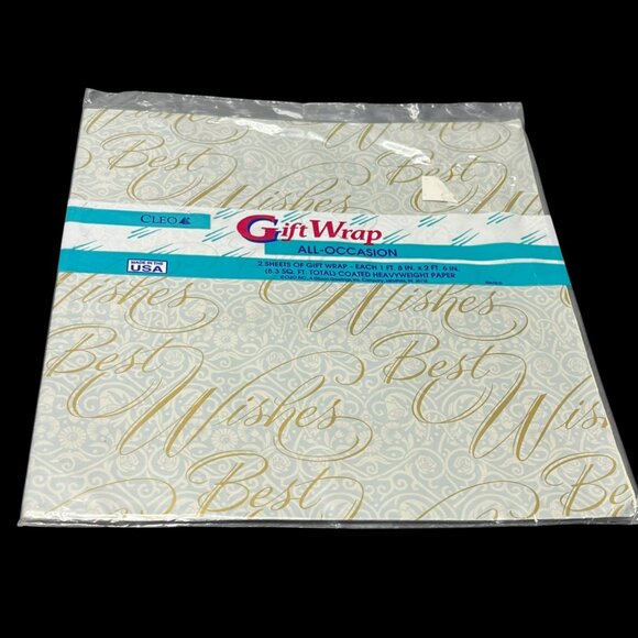 VTG Cleo‎ Wrapping Paper Blue Gold Scroll Best Wishes 2 Sheets 8.3 Sq. Ft  USA - Picture 1 of 10